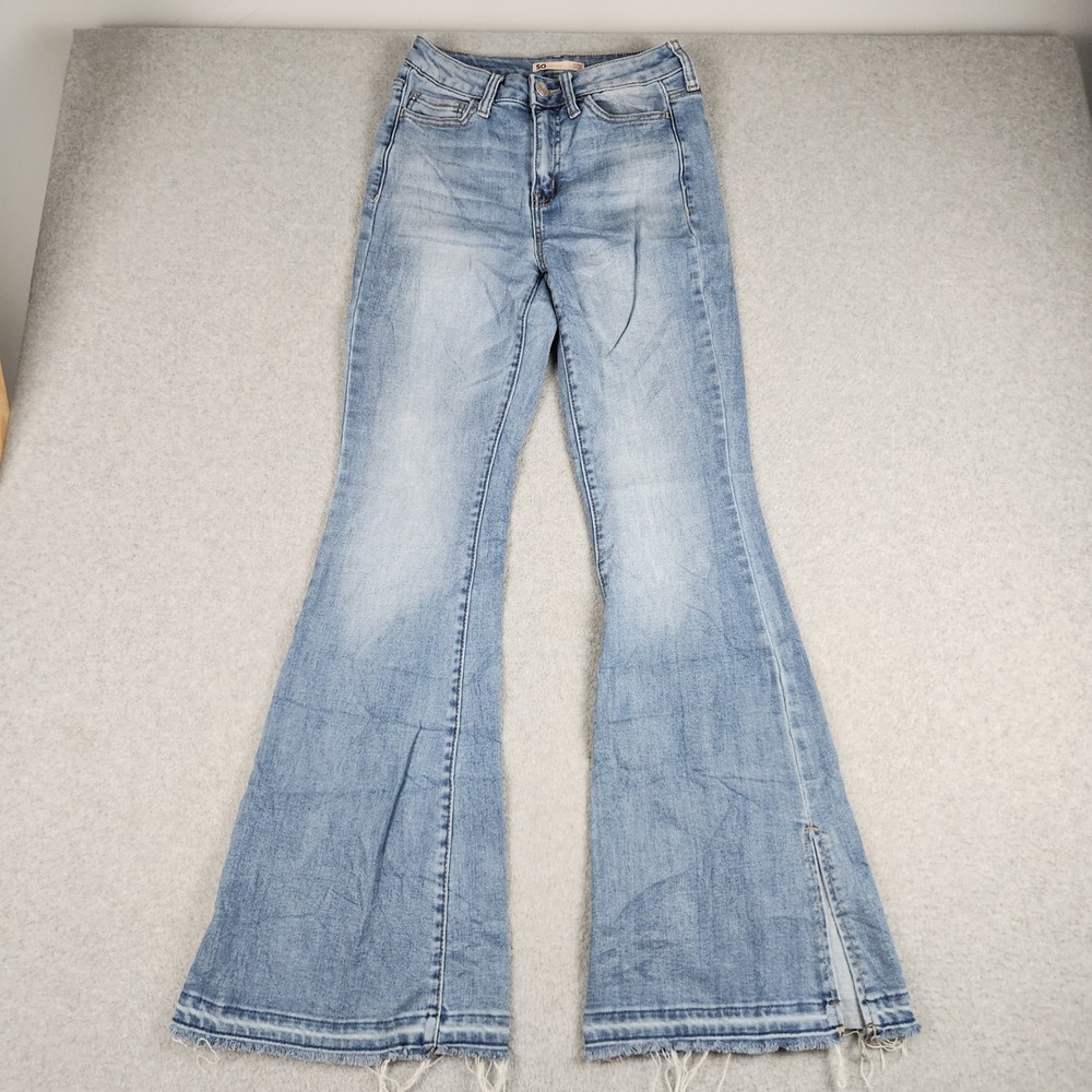 SO Flare Jeans Women 3/26 Blue Denim Whiskered High Rise Boho Streetwear Raw Hem